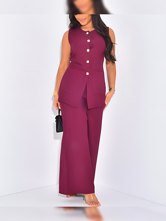 Ensemble MOUNA pantalon et blouse sans manches à boutons dorés - P1