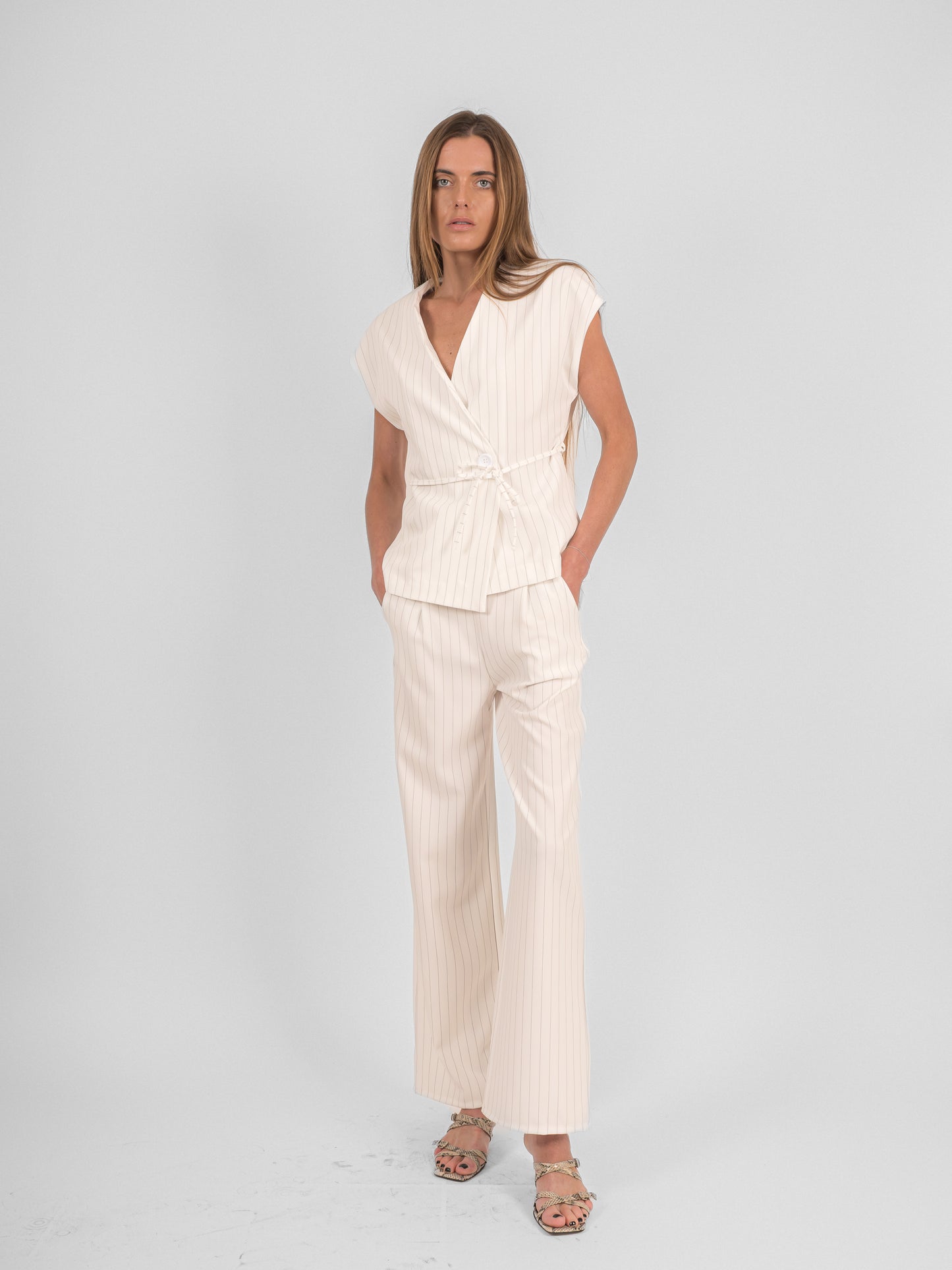 Ensemble rayé pantalon blazer sans manches